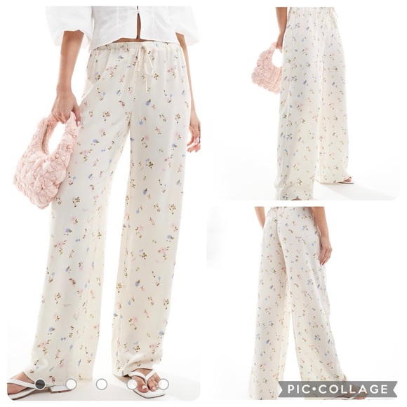 ASOS DESIGN Linen-Look Ditsy Floral Wide Leg Pants Cream M High Rise - Picture 7 of 14